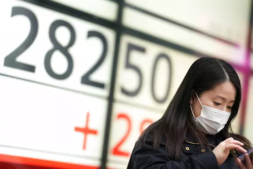 A woman uses her phone in front of monitors showing Japan's Nikkei 225 index at a securities firm while waiting for a traffic light in Tokyo, Thursday, Dec. 1, 2022. Shares have advanced in Asia after a rally on Wall Street spurred by the Federal Reserve chair's comments on easing the pace of interest rate hikes to tame inflation.(AP Photo/Hiro Komae)