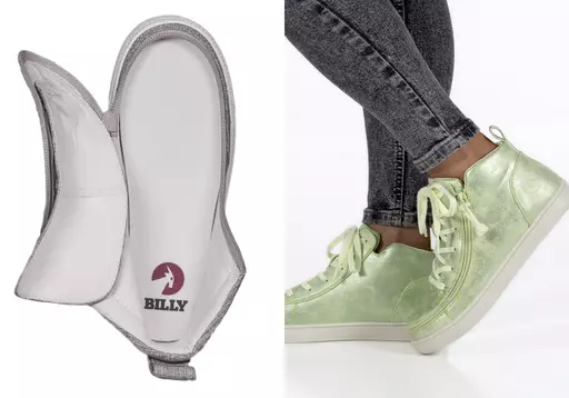 This combination of photos show adaptive shoes by Billy Footwear. More companies are offering adaptive wear and accessories. (Billy Footwear via AP).