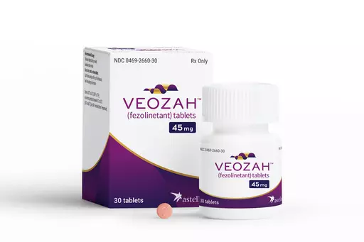 In this undated product photo released by Astellas Pharma, a box and container of Veozah drug are displayed. U.S. health regulators on Friday approved a new type of drug for women dealing with uncomfortable hot flashes caused by menopause. (Astellas Pharma via AP)