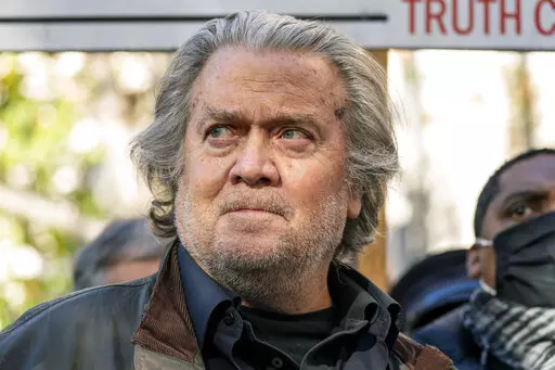 Former White House strategist Steve Bannon speaks with reporters after departing federal court on Nov. 15, 2021, in Washington.  (AP Photo/Alex Brandon, File)