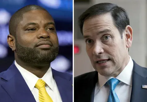 This combination photo shows Rep. Byron Donalds, R-Fla., on, June 15, 2024, in Detroit, left, and Sen. Marco Rubio, R-Fla., at the Capitol in Washington, Feb. 9, 2023. As former President Donald Trump narrows his options for potential running mates, Donalds and Rubio, known to be on his list, are from Florida, leaving open a scenario where his vice presidential nominee would have to move if he wins. (AP Photo)