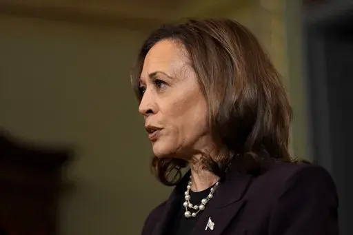 Vice President Kamala Harris speaks following a meeting with Israeli Prime Minister Benjamin Netanyahu at the Eisenhower Executive Office Building on the White House complex in Washington, Thursday, July 25, 2024. (AP Photo/Julia Nikhinson)