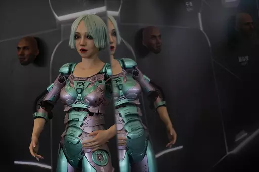 A human-like robot performs near robots of faces that mimic human expressions during the annual World Robot Conference at the Etrong International Exhibition and Convention Center on the outskirts of Beijing, Thursday, Aug. 17, 2023. (AP Photo/Andy Wong)