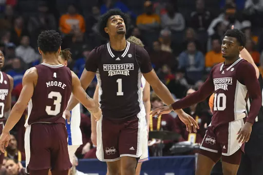 Mississippi State forward Tolu Smith (1) goes to the free throw line after scoring and being fouled by Florida during the second half of an NCAA college basketball game in the second round of the Southeastern Conference tournament, Thursday, March 9, 2023, in Nashville, Tenn. Mississippi State won 69-68. (AP Photo/John Amis)