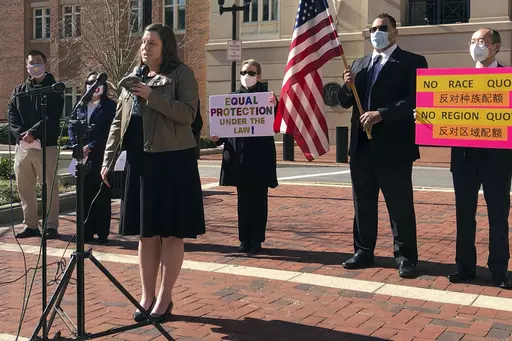 Pacific Legal Foundation attorney Erin Wilcox speaks at a news conference outside the federal courthouse on March 10, 2021, in Alexandria, Va., where her organization filed a lawsuit against Fairfax County's school board, alleging discrimination against Asian Americans over its revised admissions process for the elite Thomas Jefferson High School for Science and Technology. A federal appeals court’s ruling in May 2023 about the admissions policy at the elite public high school may provide a ve