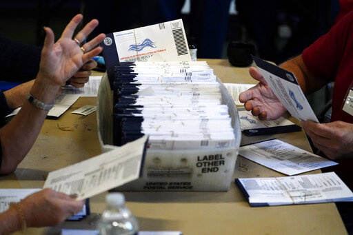 In this Nov. 4, 2020, file photo, Chester County election workers process mail-in and absentee ballots for the 2020 United States general election at West Chester University in West Chester, Pa. On Friday, Feb. 4, 2022, the Pennsylvania GOP scheduled an hour-long presentation on the Republican "investigation" into the 2020 presidential election at the party's closed-press winter meeting in Lancaster, Pa. (AP Photo/Matt Slocum, File)