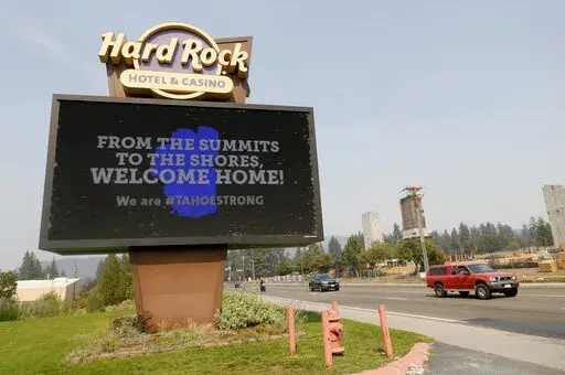 A welcome home sign is seen at the Hard Rock Hotel & Casino Highway 50 near Stateline, Nev., on Monday, Sept. 6, 2021. The hotel is being used by firefighters and other first responders working the Caldor Fire. (Jane Tyska/Bay Area News Group via AP)