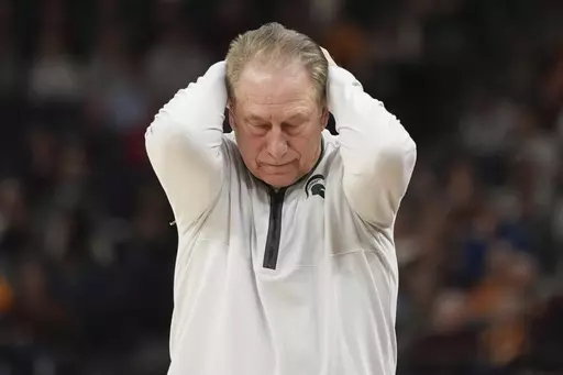 Michigan State head coach Tom Izzo reacts during the second half of an NCAA college basketball game against Purdue in the quarterfinal round of the Big Ten Conference tournament, Friday, March 15, 2024, in Minneapolis. (AP Photo/Abbie Parr)