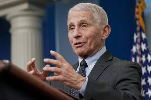 Dr. Anthony Fauci, former director of the National Institute of Allergy and Infectious Diseases, speaks during a press briefing at the White House, Tuesday, Nov. 22, 2022, in Washington. On Friday, April 28, 2023, The Associated Press reported on stories circulating online incorrectly claiming Fauci “admitted” in a recent interview that face masks were a “failure.” (AP Photo/Patrick Semansky, File)