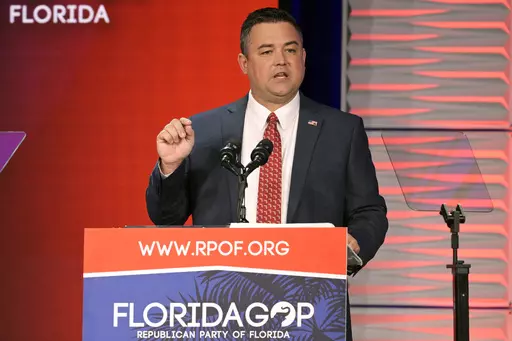 Republican Party of Florida Chairman Christian Ziegler addresses attendees at the Republican Party of Florida Freedom Summit, Saturday, Nov. 4, 2023, in Kissimmee, Fla. Police cleared Ziegler, the ousted chair of the Florida Republican Party, of rape allegations on Friday, Jan 19, 2024, but said they have asked prosecutors to charge him with illegally video recording the sexual encounter he had with a female acquaintance. (AP Photo/Phelan M. Ebenhack, File)