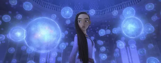 This image released by Disney shows Asha, voiced by Ariana DeBose, in a scene from the animated film "Wish." (Disney via AP)