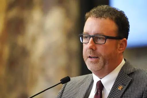 Sen. David Parker, R-Olive Branch, presents legislation that would transfer ownership of the water system from the city of Jackson to a new public entity managed by a nine-member board selected by the mayor, governor and lieutenant governor, at the state Capitol, Tuesday, Feb. 7, 2023, in Jackson, Miss. (AP Photo/Rogelio V. Solis)