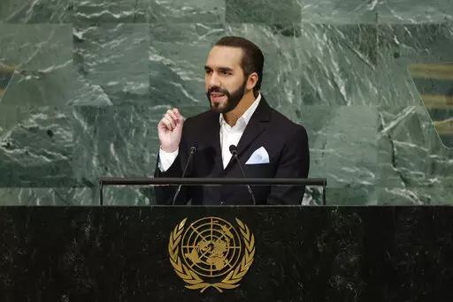 President of El Salvador Nayib Bukele addresses the 77th session of the United Nations General Assembly, at U.N. headquarters, Tuesday, Sept. 20, 2022. (AP Photo/Jason DeCrow)