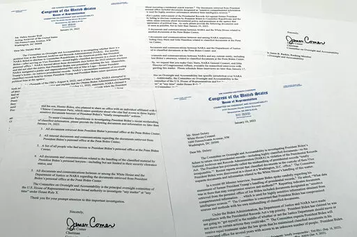 The letters from House Oversight Committee chairman Rep. James Comer, R-Ky., to Debra Steidel Wall, archivist of the United States, and White House Counsel Stuart Delery are photographed Tuesday, Jan. 10, 2023. (AP Photo/Jon Elswick)