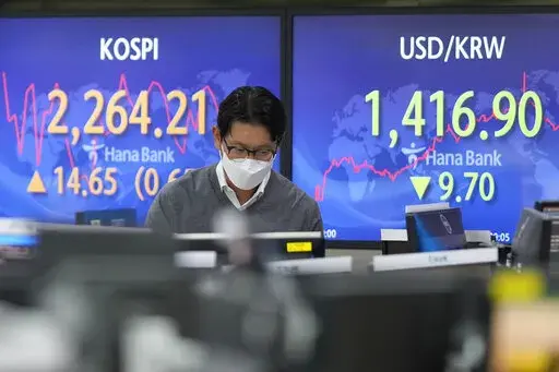A currency trader walks by the screens showing the Korea Composite Stock Price Index (KOSPI), left, and the foreign exchange rate between U.S. dollar and South Korean won at a foreign exchange dealing room in Seoul, South Korea, Thursday, Oct. 27, 2022. Asian stock markets were mixed Thursday ahead of an update on the U.S. economy and a European Central Bank meeting that is expected to raise its key interest rate to a 13-year high. (AP Photo/Lee Jin-man)