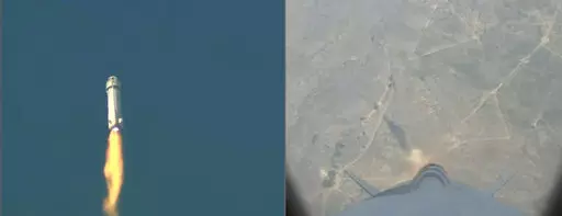 This image provided by Blue Origin shows a split screen of the New Shepard rocket before a launch failure on Monday, Sept. 12, 2022. Jeff Bezos' rocket company has suffered its first launch failure. No one was aboard, only science experiments. The Blue Origin rocket veered off course over West Texas about 1 1/2 minutes after liftoff Monday. (Blue Origin via AP)