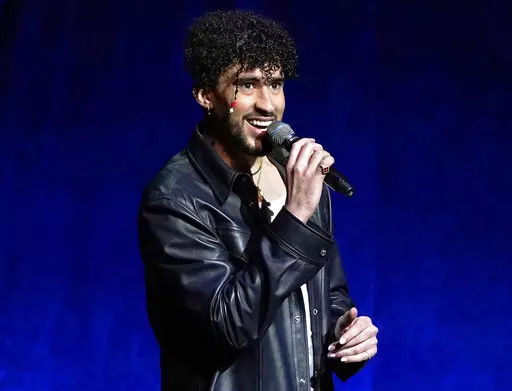 Bad Bunny speaks at the Sony Pictures Entertainment presentation at CinemaCon 2022 in Las Vegas on April 25, 2022. The Puerto Rican superstar was named Artist of the Year, thanks to his latest album, “Un Verano Sin Ti,” becoming Apple Music’s most streamed album of 2022 and the biggest Latin album of all time. (AP Photo/Chris Pizzello, File)