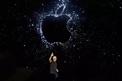 Apple CEO Tim Cook speaks at an Apple event on the campus of Apple's headquarters in Cupertino, Calif., on Sept. 7, 2022. Apple Music is about to reach a huge numerical milestone — offering an eye-popping 100 million songs available on the streaming service. (AP Photo/Jeff Chiu, File)