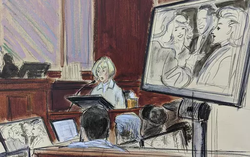 In this courtroom sketch, in Federal Court, in New York, Thursday, April 27, 2023, E. Jean Carroll, center, testifies on the witness stand as a photo of her and Donald Trump, along with his wife Ivana and Carroll's former husband, is shown on a screen. The photo was taken prior to the alleged assault. The jury is in the foreground. (AP Photo/Elizabeth Williams)