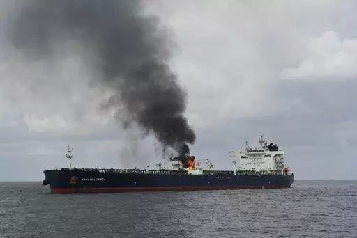 CAPTION CORRECTS LOCATION TO GULF OF ADEN In this photo provided by the Indian Navy on Saturday, Jan. 27, 2024, a view of the oil tanker Marlin Luanda on fire after an attack, in the Gulf of Aden. The crew aboard a Marshall Islands-flagged tanker hit by a missile launched by Yemen’s Houthi rebels is battling a fire onboard the stricken vessel sparked by the strike. (Indian Navy via AP)