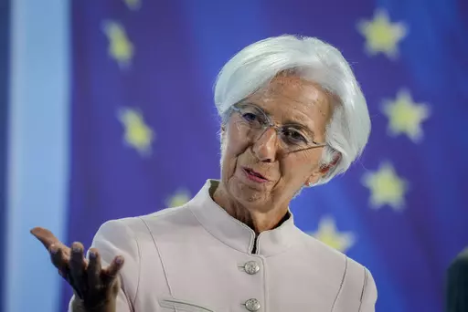 President of European Central Bank Christine Lagarde speaks at the press conference in Frankfurt, Germany, Thursday, Sept. 14, 2023. The European Central Bank kept its key interest rate at a record high Thursday, Dec. 14, 2023, and said it will leave it there as long as needed to battle back inflation, signaling that cuts are not around the corner despite expectations it will act next year to support the shrinking economy. (AP Photo/Michael Probst, File)