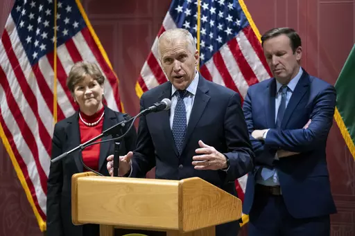 Senator Thom Tillis, co-chair of the Senate NATO Observer Group speaks, during a press conference, in Budapest, Sunday, Feb. 18, 2024. Two U.S. senators will submit a bipartisan resolution to Congress condemning democratic backsliding in Hungary and urging its nationalist government to lift its block on Sweden's accession into the NATO military alliance. The resolution, authored by U.S. Sens. Jeanne Shaheen, a New Hampshire Democrat, and Thom Tillis, a North Carolina Republican, comes as Hungary