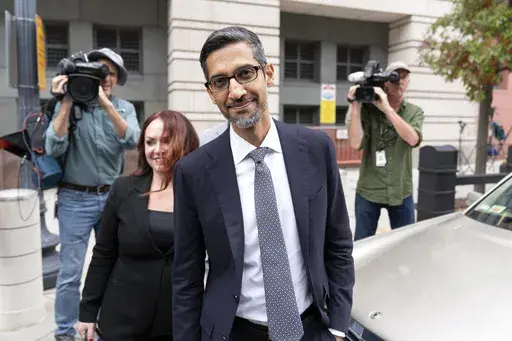 Google CEO Sundar Pichai leaves the federal courthouse in Washington, Oct. 30, 2023. (AP Photo/Jose Luis Magana, File)