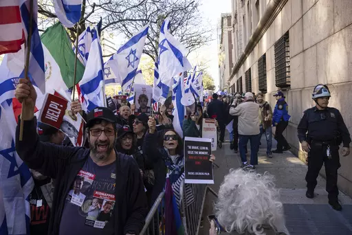 Pro-Israel demonstrators gather for the "Bring Them Home Now" rally outside the Columbia University, April 26, 2024, in New York. Pro-Palestinian protesters have dominated university quads in the last two weeks, shutting down colleges and clashing with riot police. But there’s been a notable scarcity of student rallies in solidarity with Israelis. (AP Photo/Yuki Iwamura, File)
