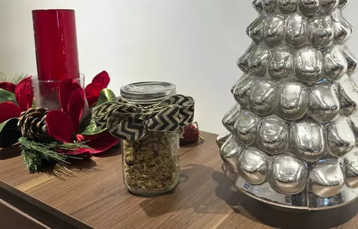 This Dec. 19, 2023 image shows a jar of homemade granola given as a gift in Larchmont, New York. (Julia Rubin via AP)
