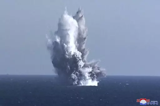 This photo provided by the North Korean government, shows what it says is an underwater blast of test warhead loaded to an unmanned underwater nuclear attack craft "Haeil" during an exercise around Hongwon Bay in waters off North Korea's eastern coast Thursday, March 23, 2023. Independent journalists were not given access to cover the event depicted in this image distributed by the North Korean government. The content of this image is as provided and cannot be independently verified. Korean lang