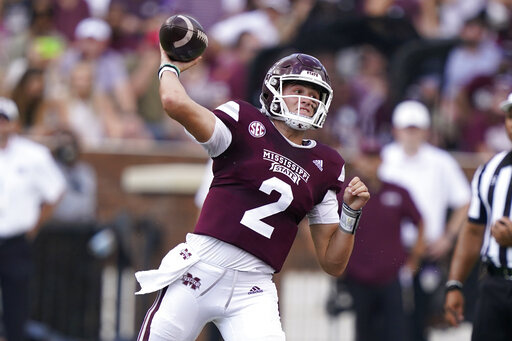 Mississippi State quarterback Will Rogers (2) passes against Louisiana Tech during the first half of an NCAA college football game in Starkville, Miss., Saturday, Sept. 4, 2021. (AP Photo/Rogelio V. Solis)