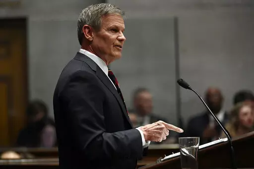 Tennessee Gov. Bill Lee delivers his State of the State Address in the House Chamber, Monday, Feb. 6, 2023, in Nashville, Tenn. (AP Photo/Mark Zaleski)