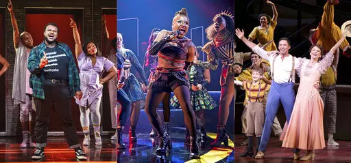 This combination of three separate photos shows, from left, James Jackson, Jr., Jaquel Spivey, L. Morgan Lee during a performance of "A Strange Loop, " Brittney Mack during a performance of "Six," and Hugh Jackman and Sutton Foster during a production of "The Music Man." Nominations for this year's  Tony Awards will be announced on Monday, May 9. (Polk & Co. via AP, from left, Boneau/Bryan Brown via AP, O & M Co./DKC via AP)